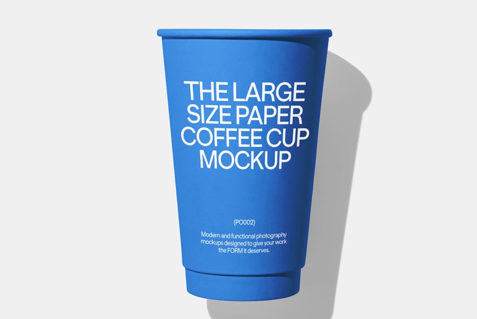 Bright blue paper coffee cup mockup with white text on white background