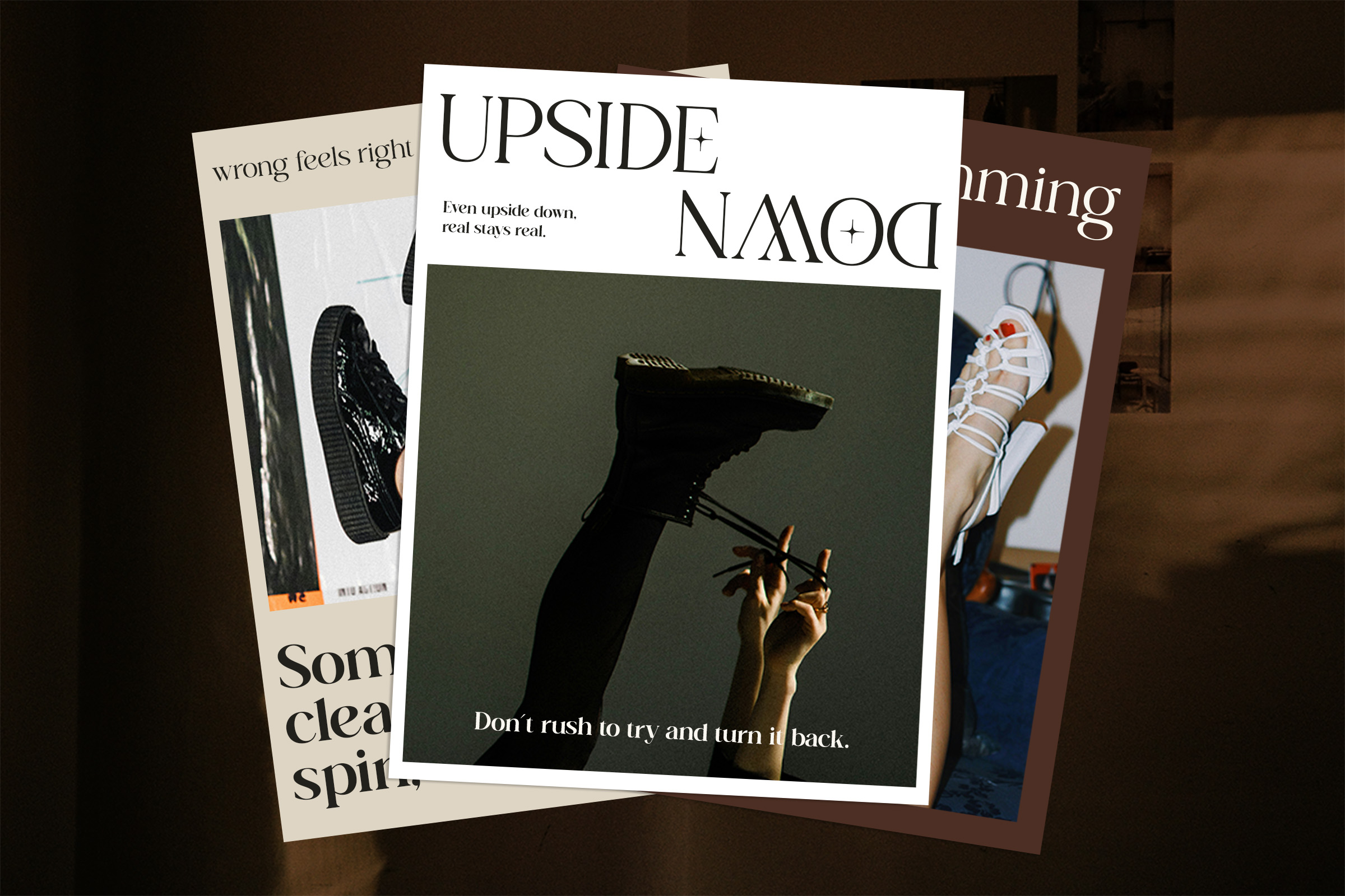 Stacked magazine covers with bold typography, one showing silhouette holding upside down object