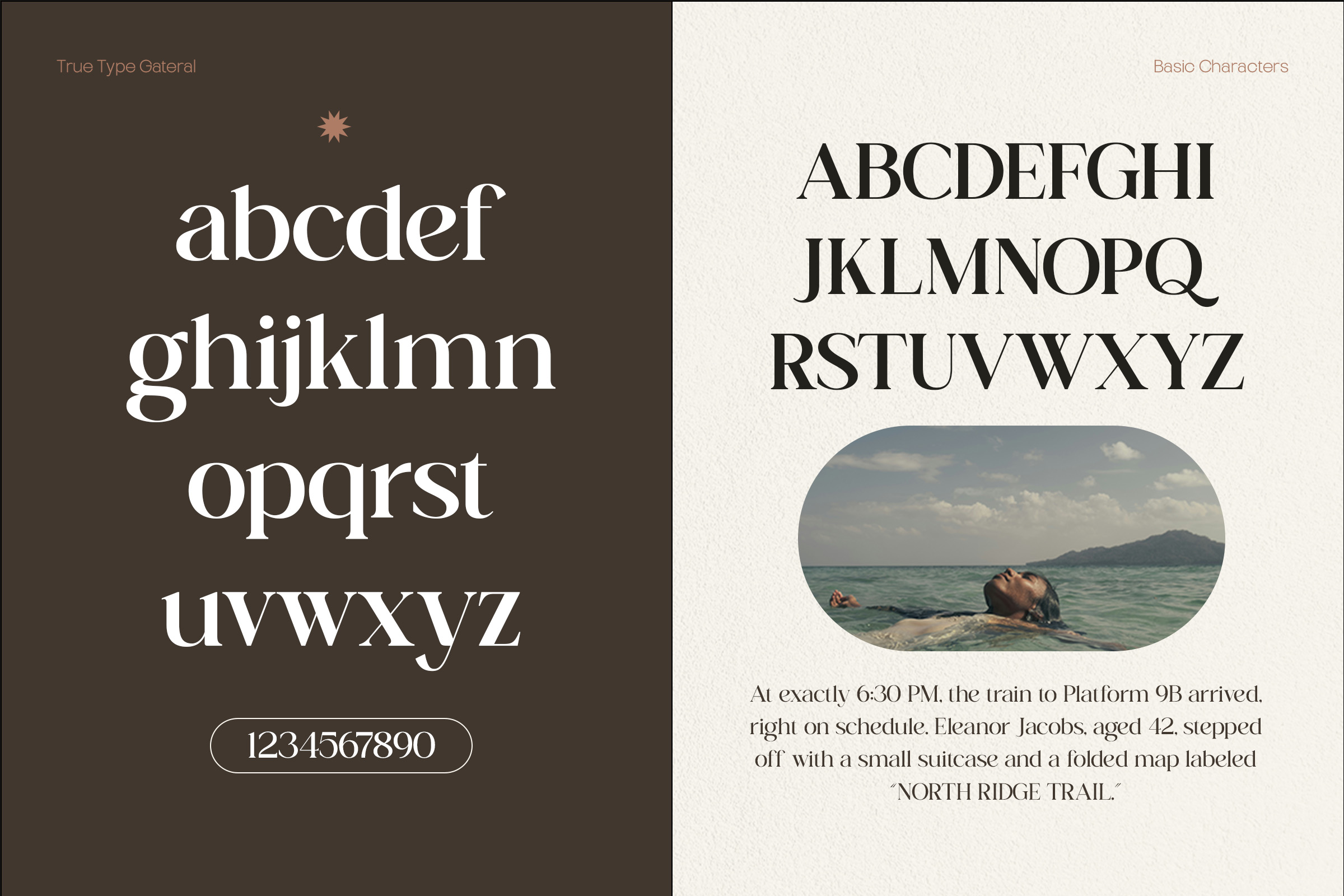 Split layout showing serif alphabet samples with beach landscape photo inset