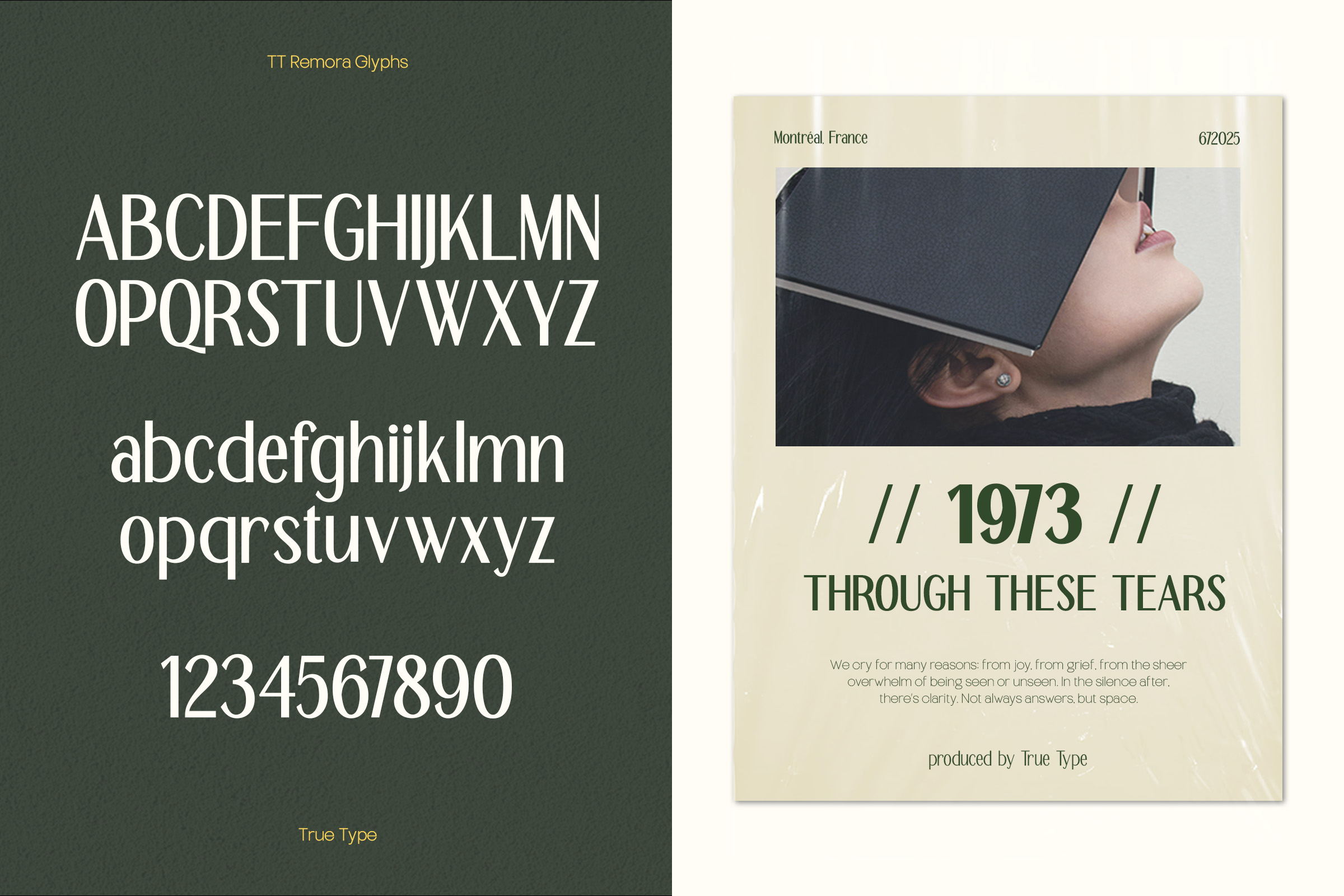 TT Remora glyphs sample showing uppercase, lowercase letters, numbers on green background with vintage magazine layout