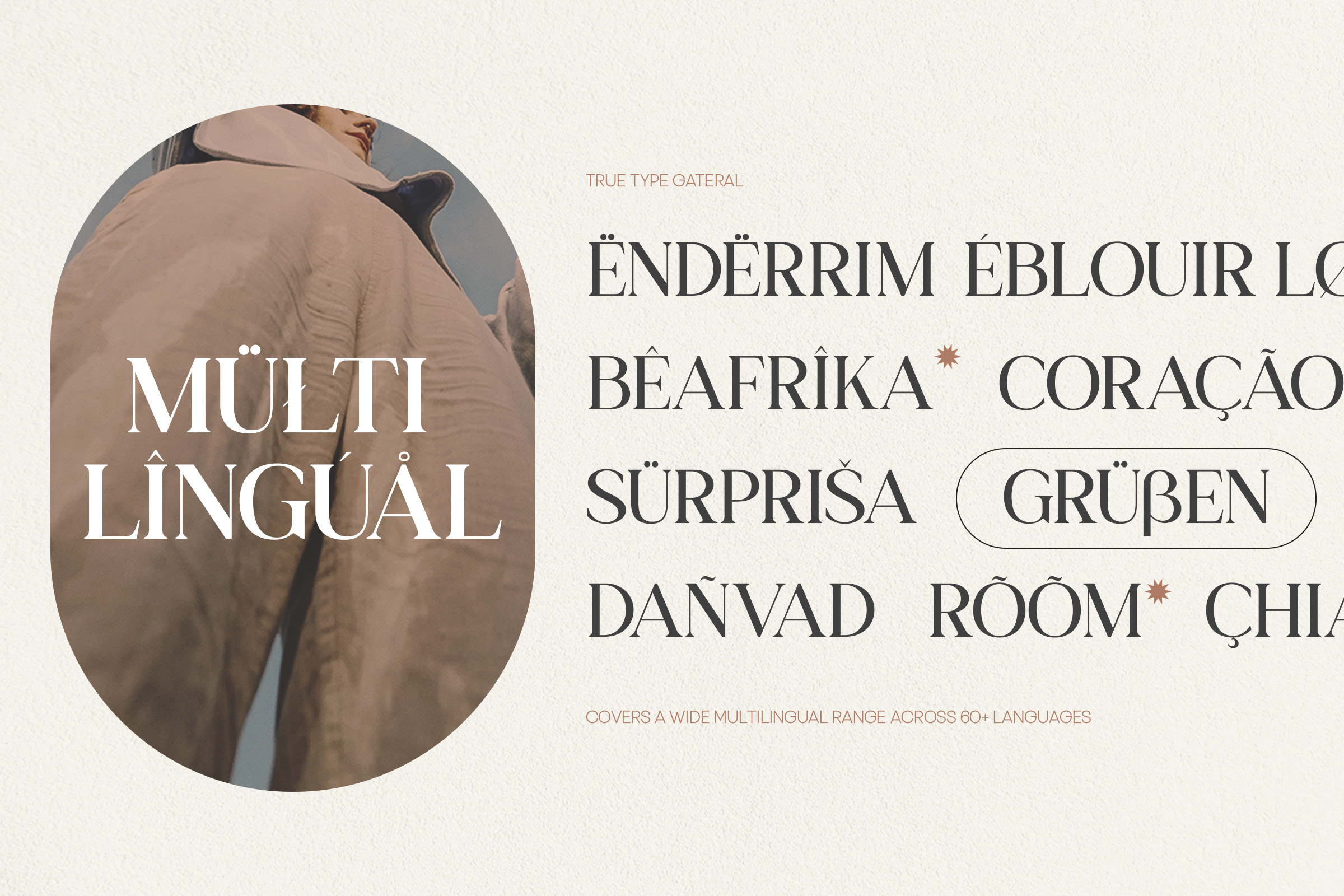 Multilingual serif font showcase with portrait image plus word samples