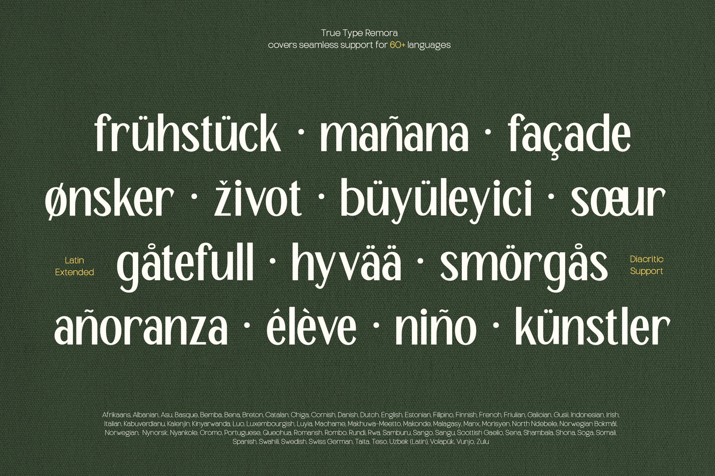 Remora font specimen displaying multilingual text in 60+ languages with extended character support
