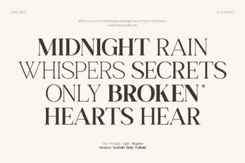 Serif font sample displaying multiple weights with text about shifting tone without changing typeface