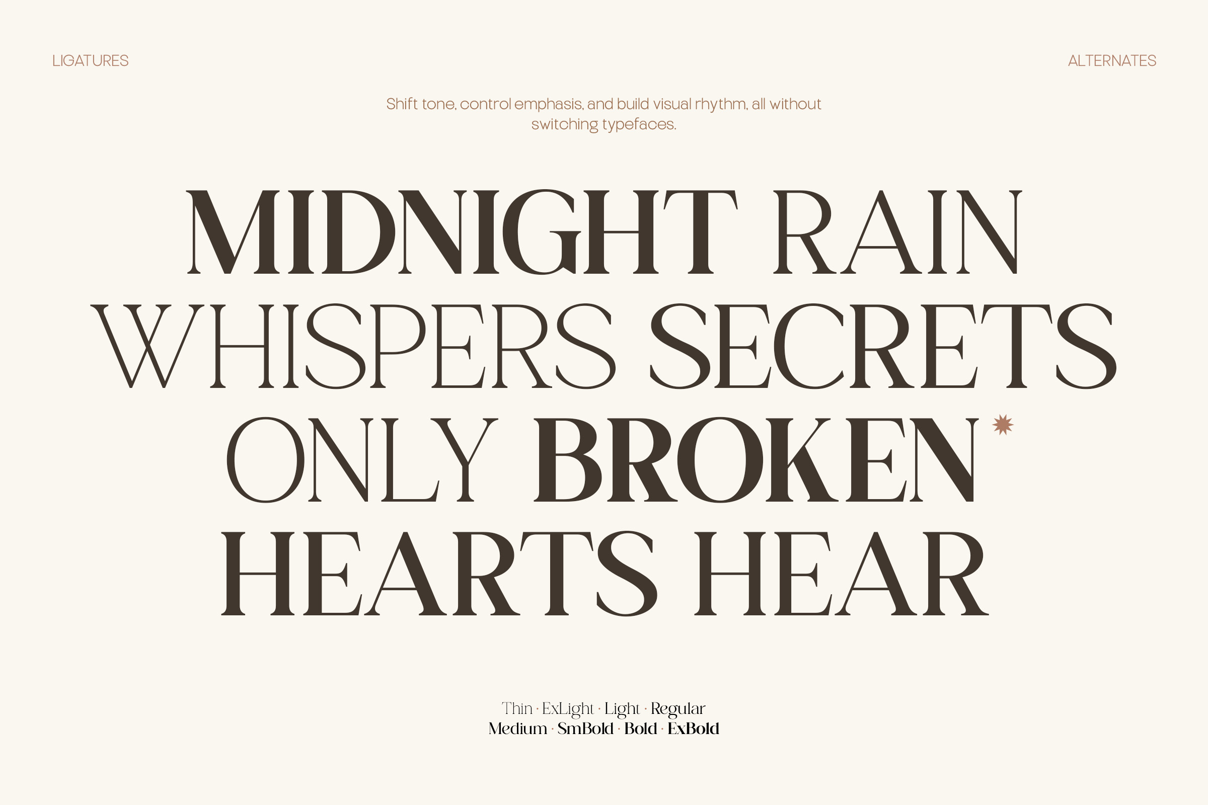 Serif font sample displaying multiple weights with text about shifting tone without changing typeface