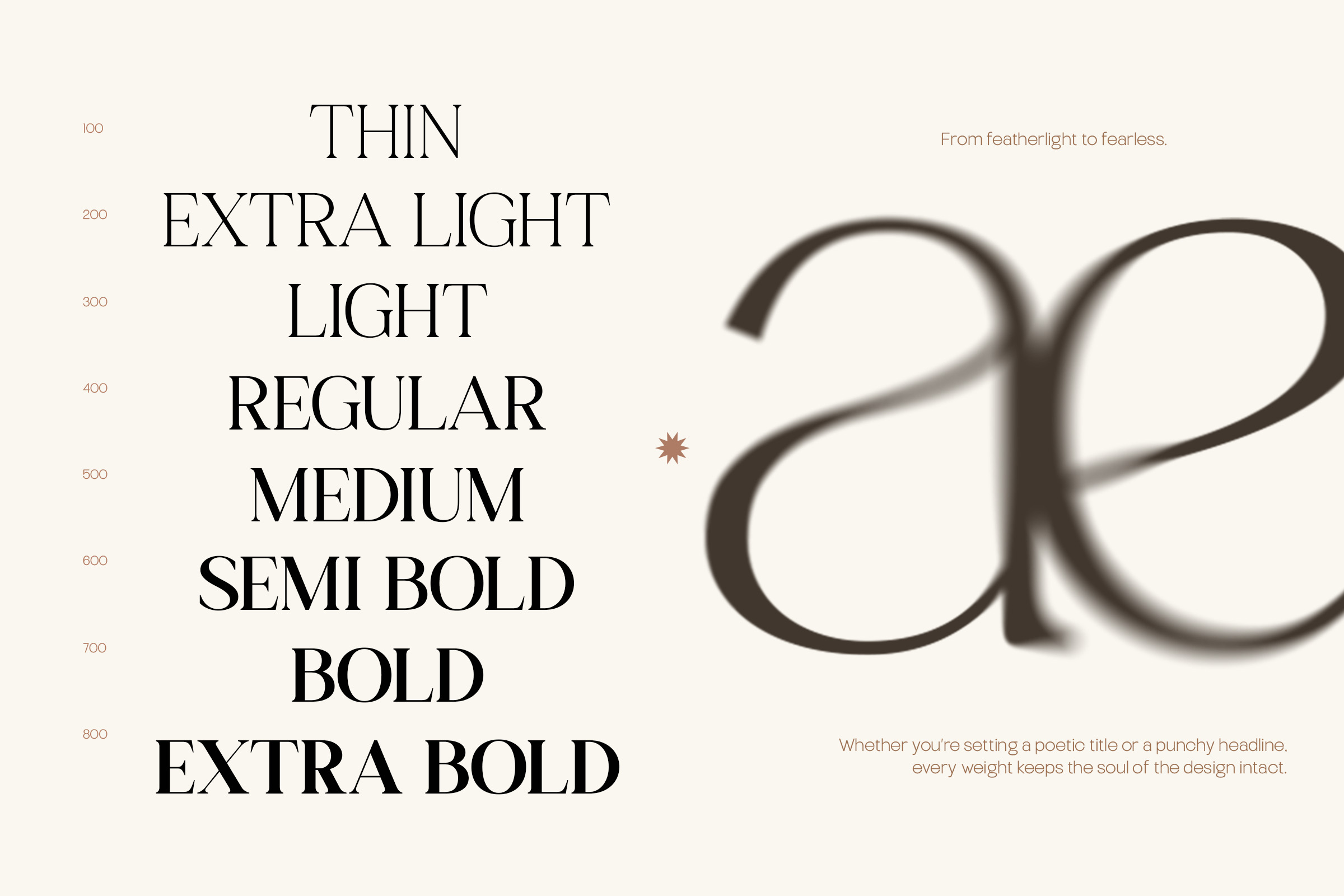 Font weight specimen showing thin through extra bold in serif typeface with decorative star