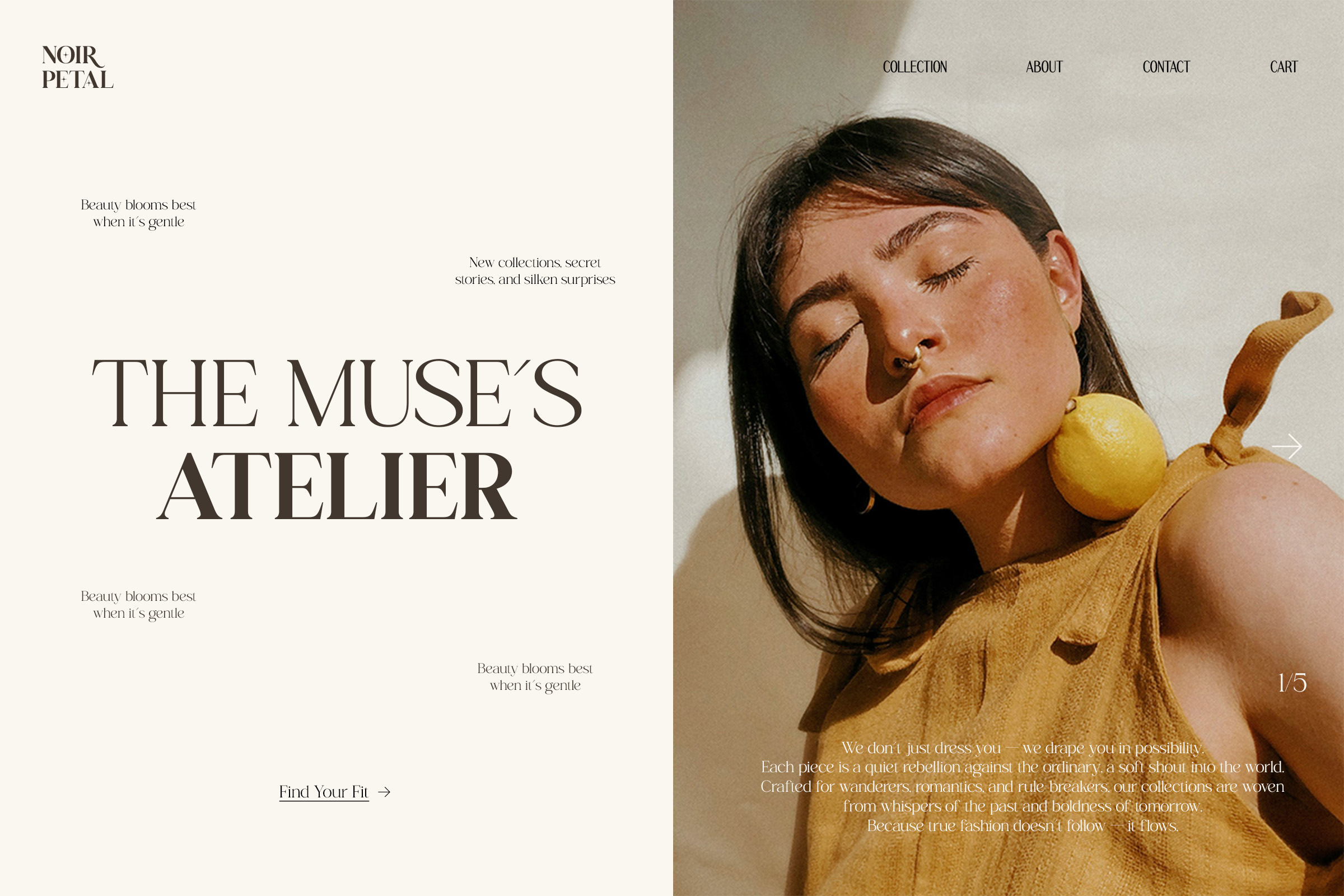 Fashion website layout with minimalist text on left, woman in mustard shirt on right holding fruit