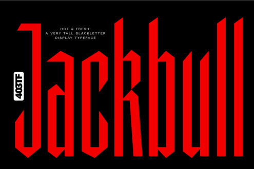 Oversized red 3D typeface with angular cuts on solid black backdrop
