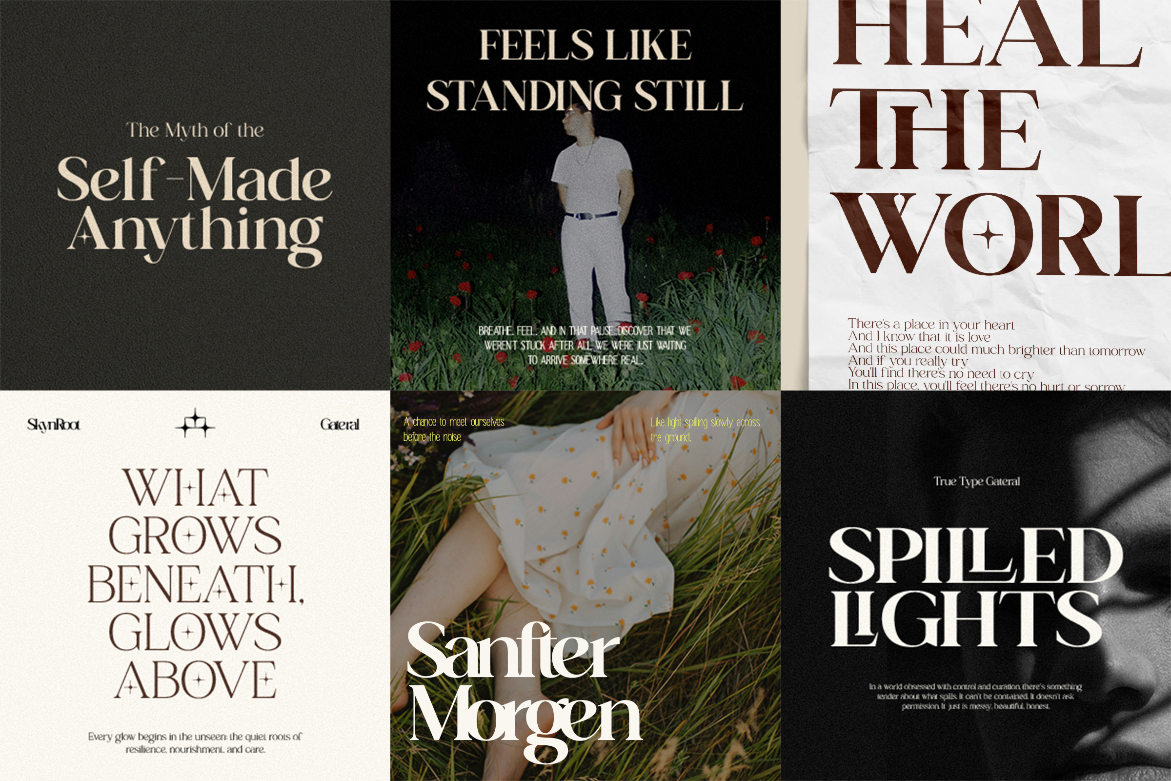 Six book cover mockups with serif typography on moody backgrounds featuring nature imagery