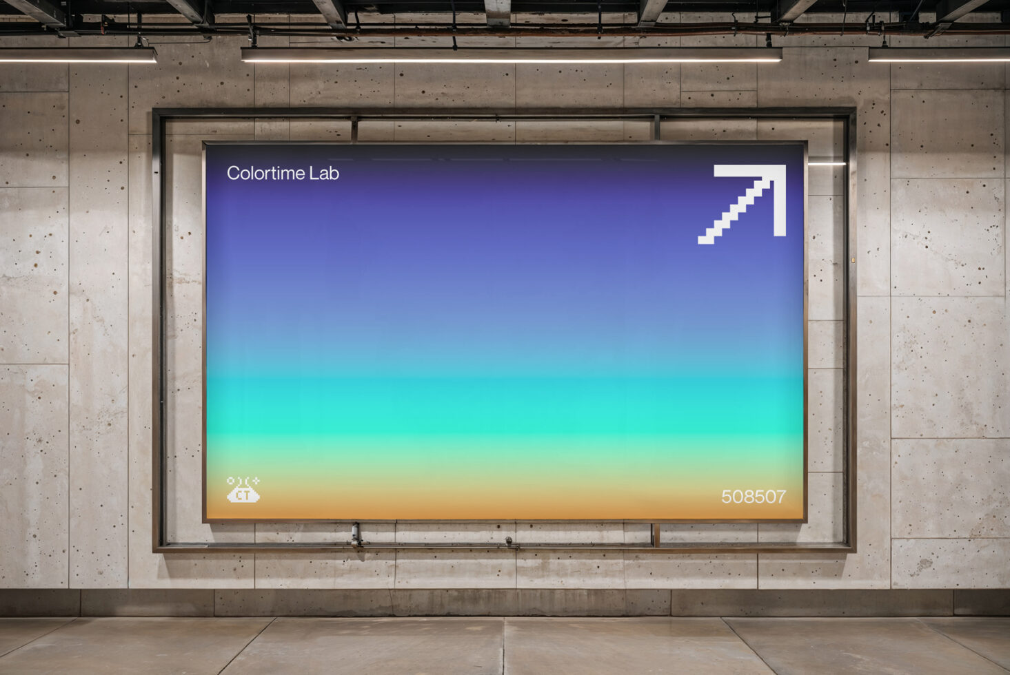 Large horizontal screen showing gradient from blue to orange with arrow icon