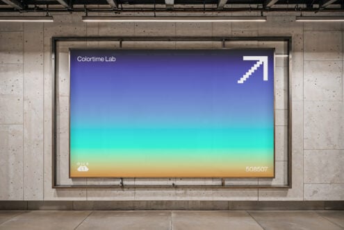 Large horizontal screen showing gradient from blue to orange with arrow icon