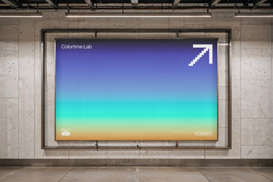 Large horizontal screen showing gradient from blue to orange with arrow icon
