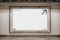 Blank white billboard in concrete architectural space with arrow logo corner