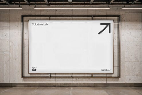 Blank white billboard in concrete architectural space with arrow logo corner