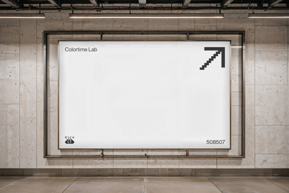 Blank white billboard in concrete architectural space with arrow logo corner