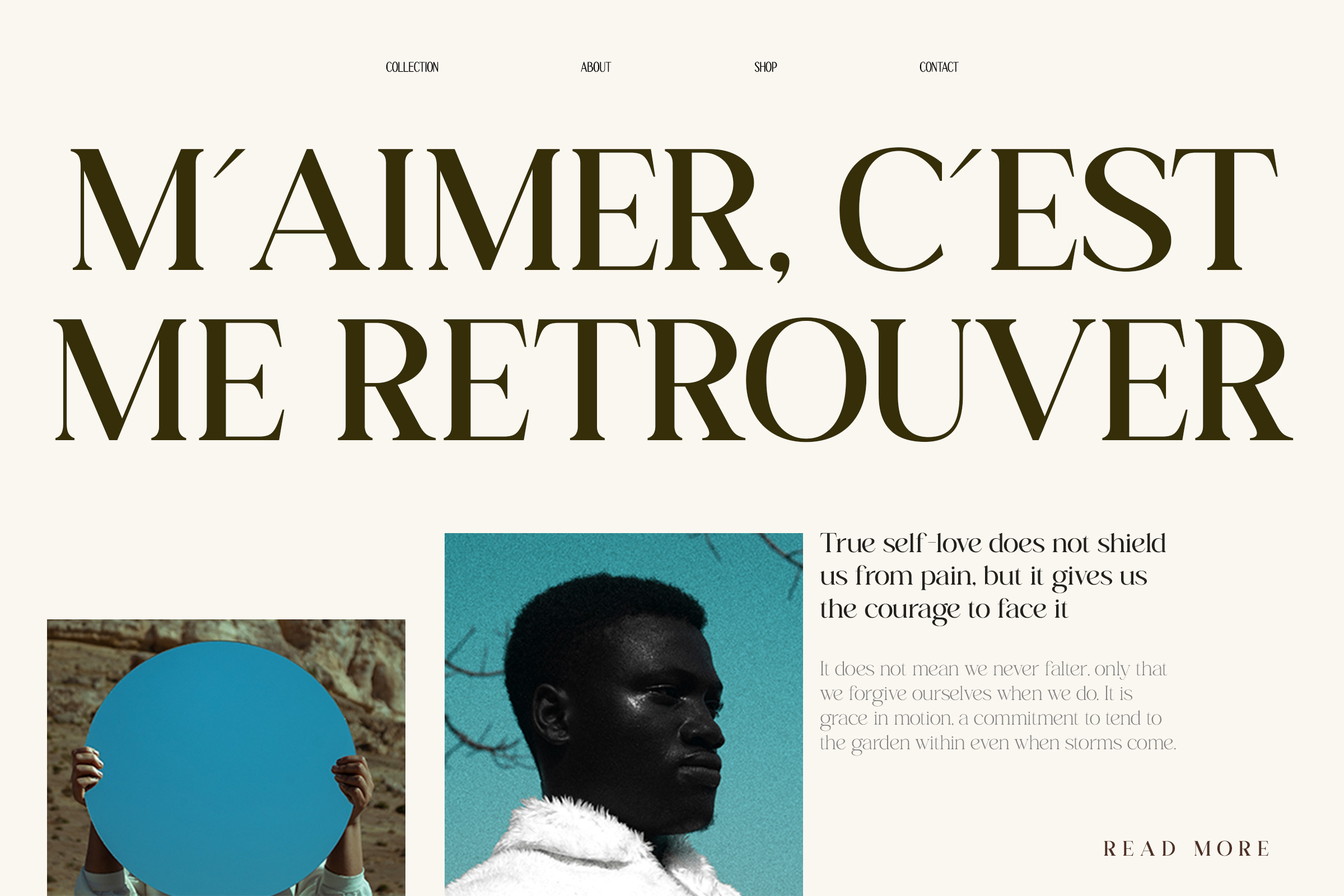 Minimalist website layout with French quote, blue geometric circle, portrait photography side