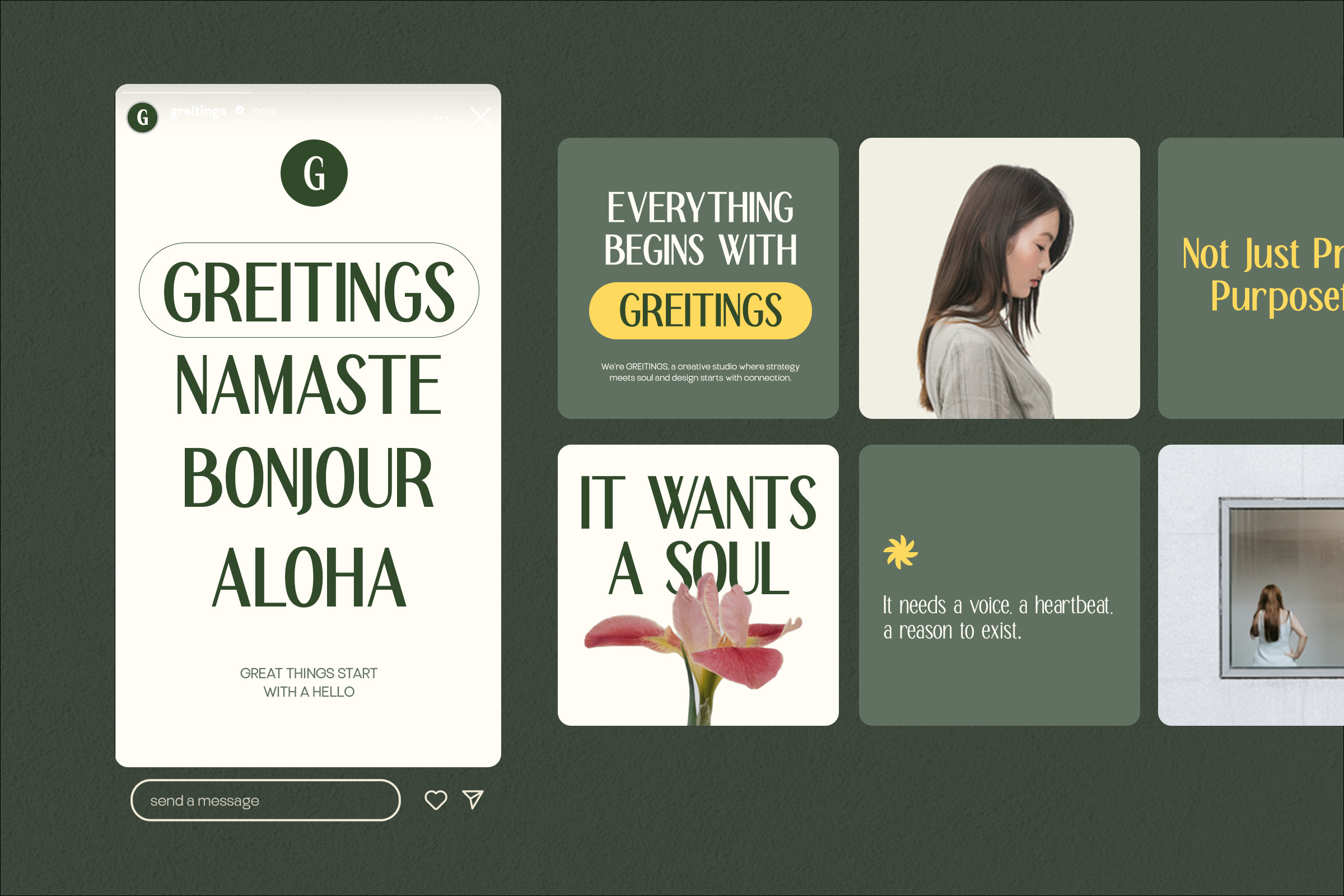 Instagram-style grid layout for GREETINGS studio with typography tiles