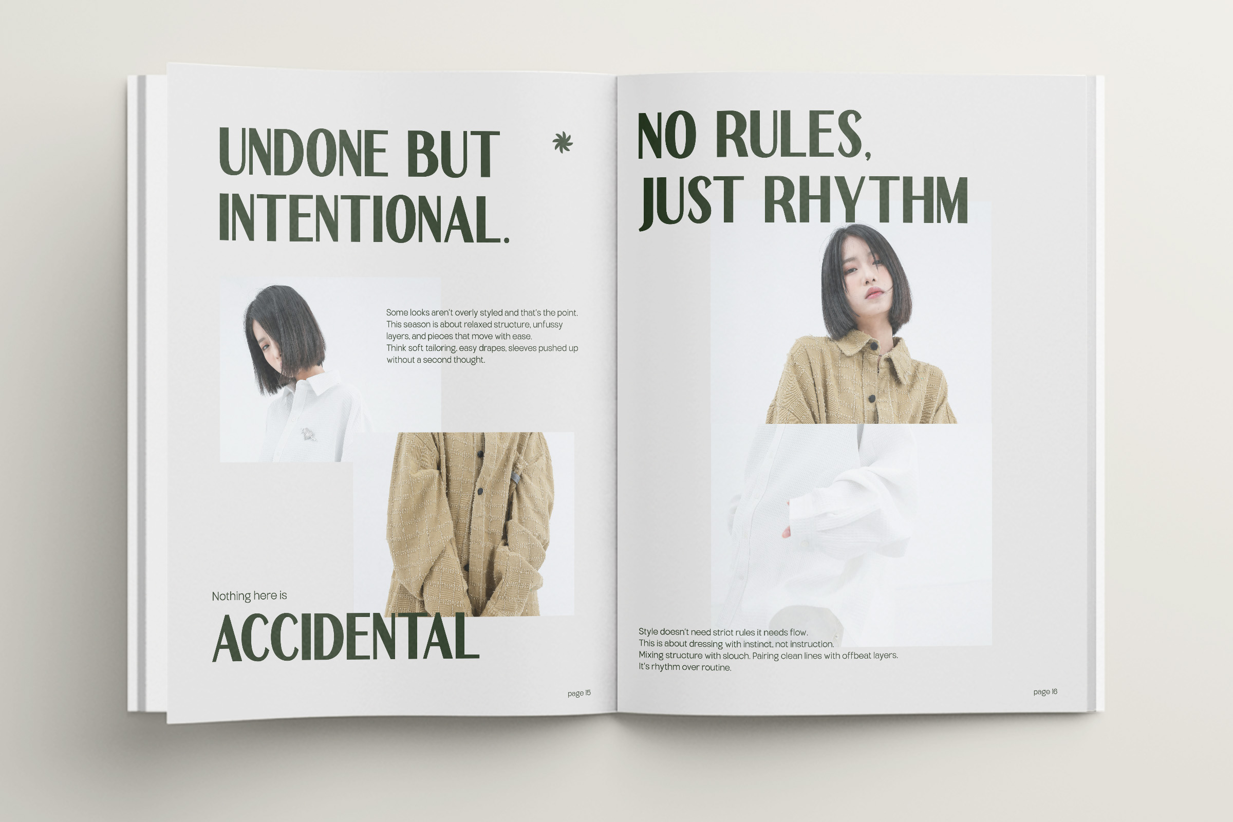 Open book pages showing effortless fashion styling with models in neutral tones