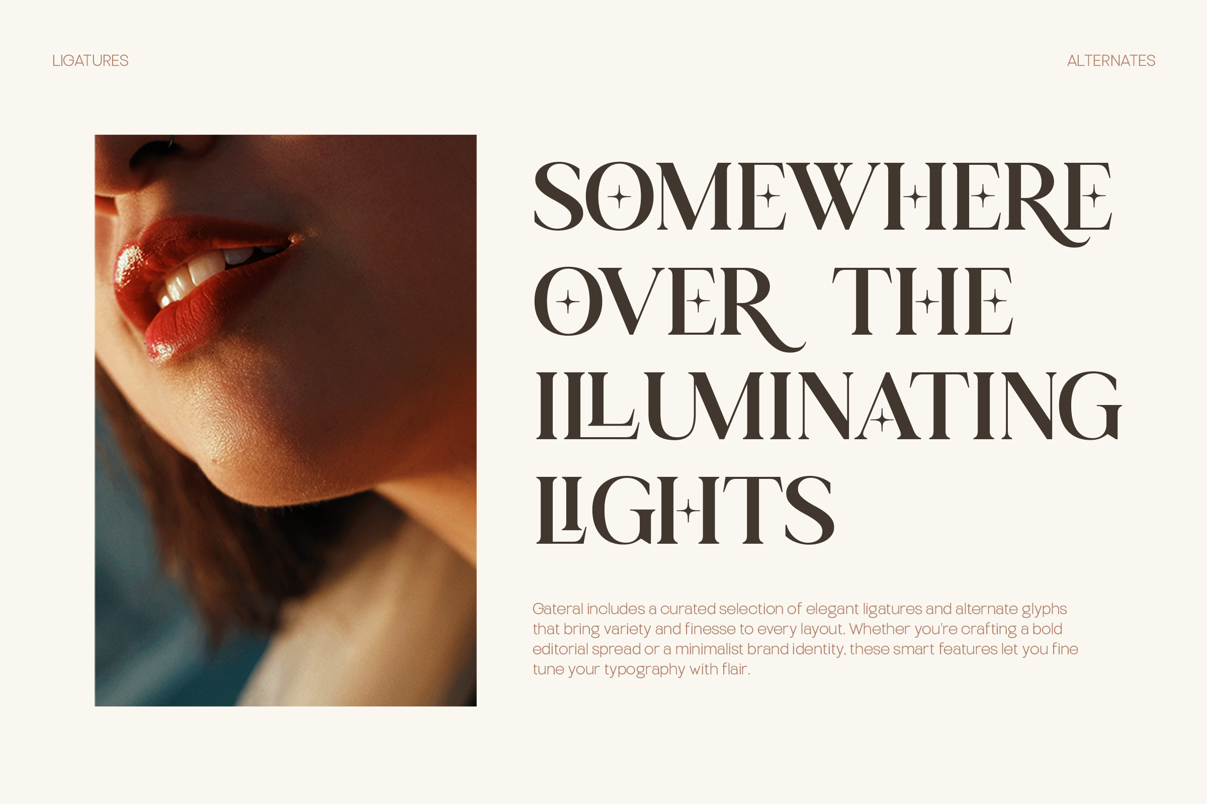 Font feature page with glowing lips photo, large serif headline, ligatures alternate glyphs info