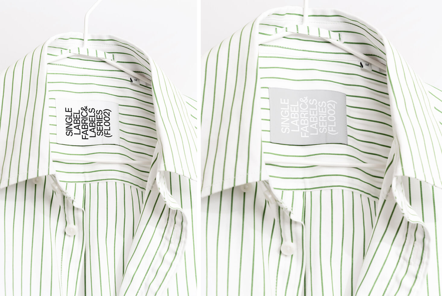 Green striped button up shirts with gray label mockups on chest area