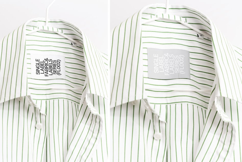 Green striped button up shirts with gray label mockups on chest area