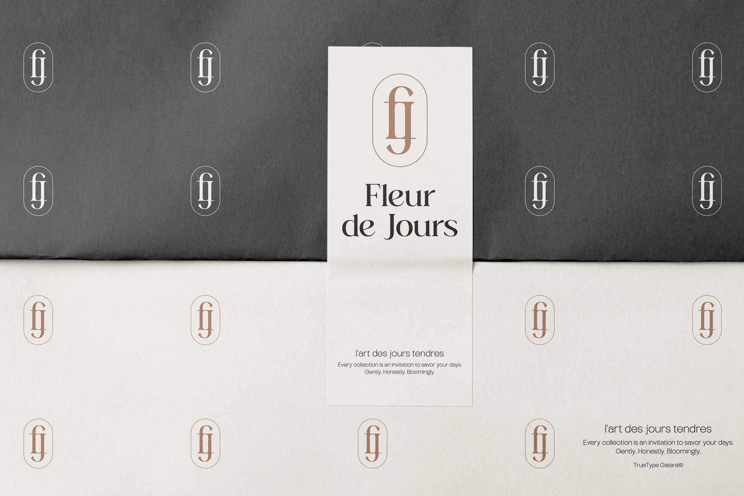 Brand identity mockup with FJ logo mark repeated on dark textured background, cream card