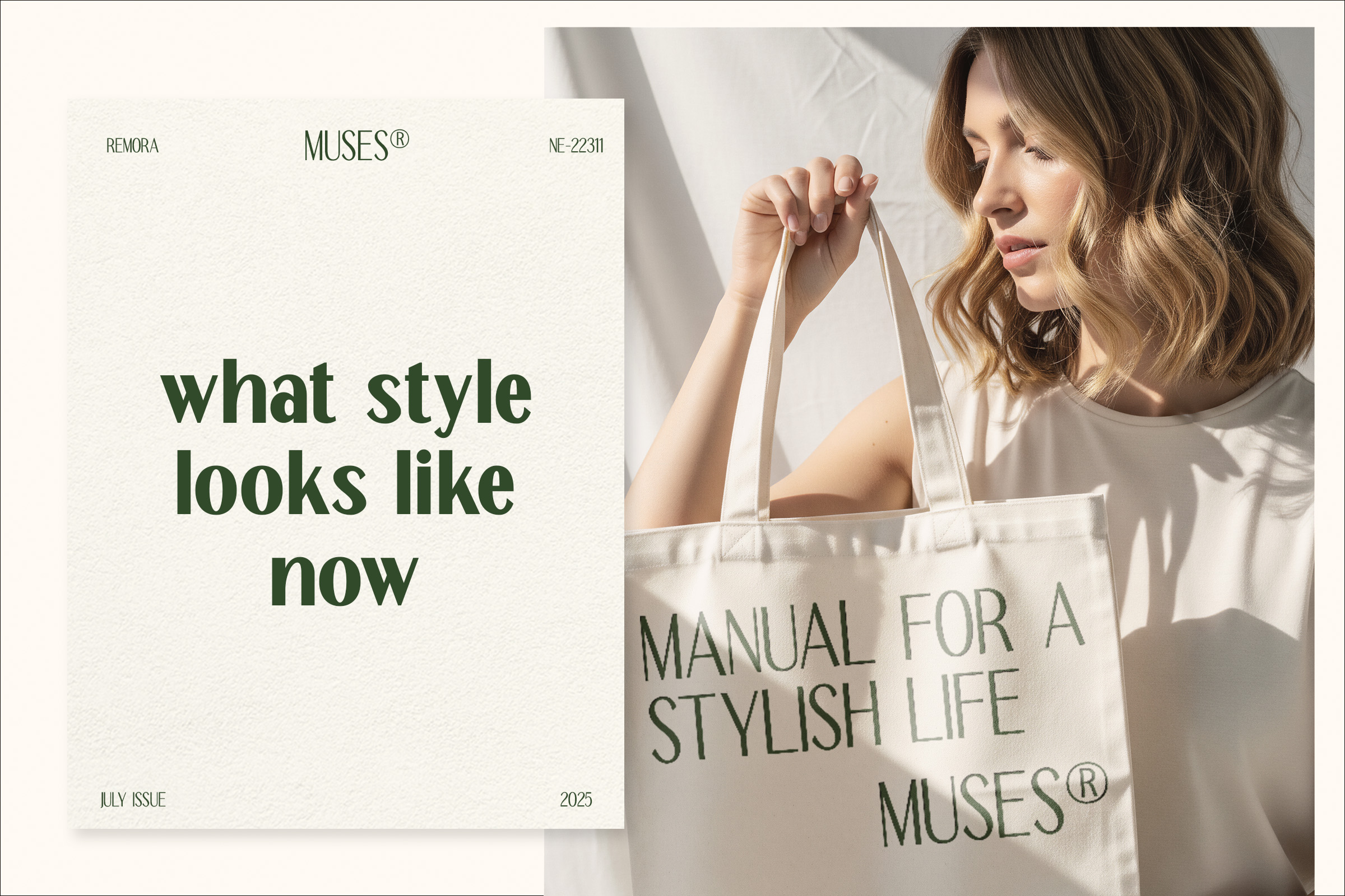 Woman holding cream tote bag with MUSES branding next to magazine layout