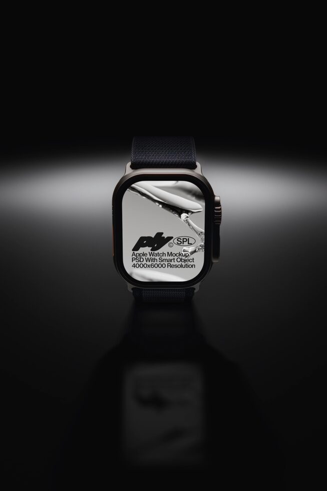 Smartwatch mockup with black band displaying text overlay on screen