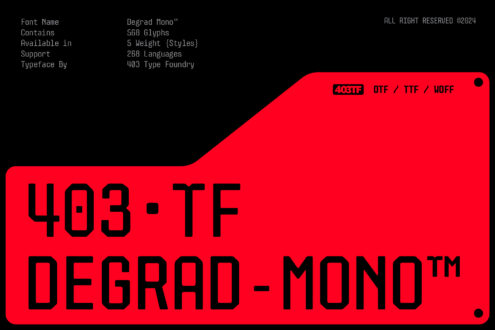Font specs card for Degrad Mono showing 568 glyphs, 5 weights, 403 Type Foundry