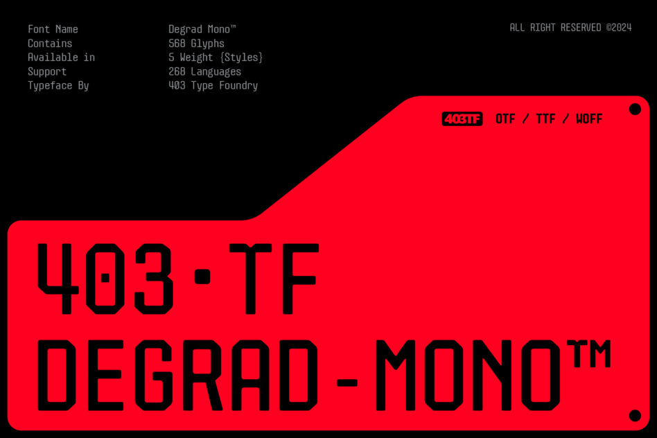 Font specs card for Degrad Mono showing 568 glyphs, 5 weights, 403 Type Foundry