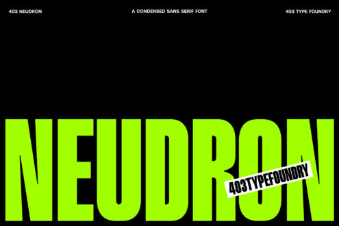 Neon yellow condensed sans serif letters spelling Neudron on dark background with branding