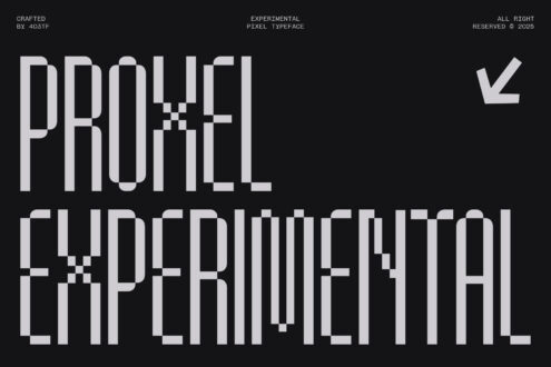 Experimental pixel font showing 'PROOF EXPERIMENTAL' in distorted geometric letterforms