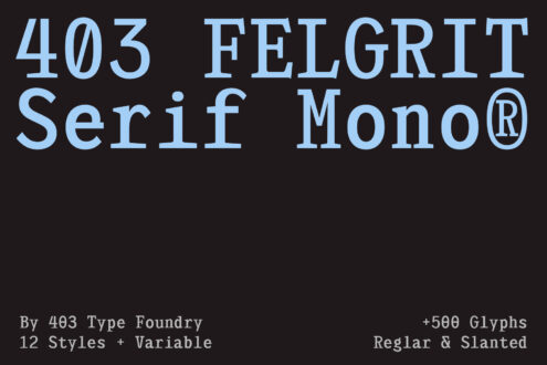 403 Felgrit Serif Mono font name in light blue on dark background, 12 styles available