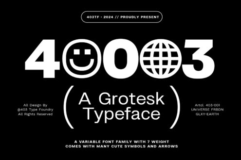 403TF grotesk typeface specimen with smiley face globe symbol design