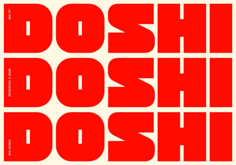 Red rounded sans serif font in grid layout repeating DOSHI text three times