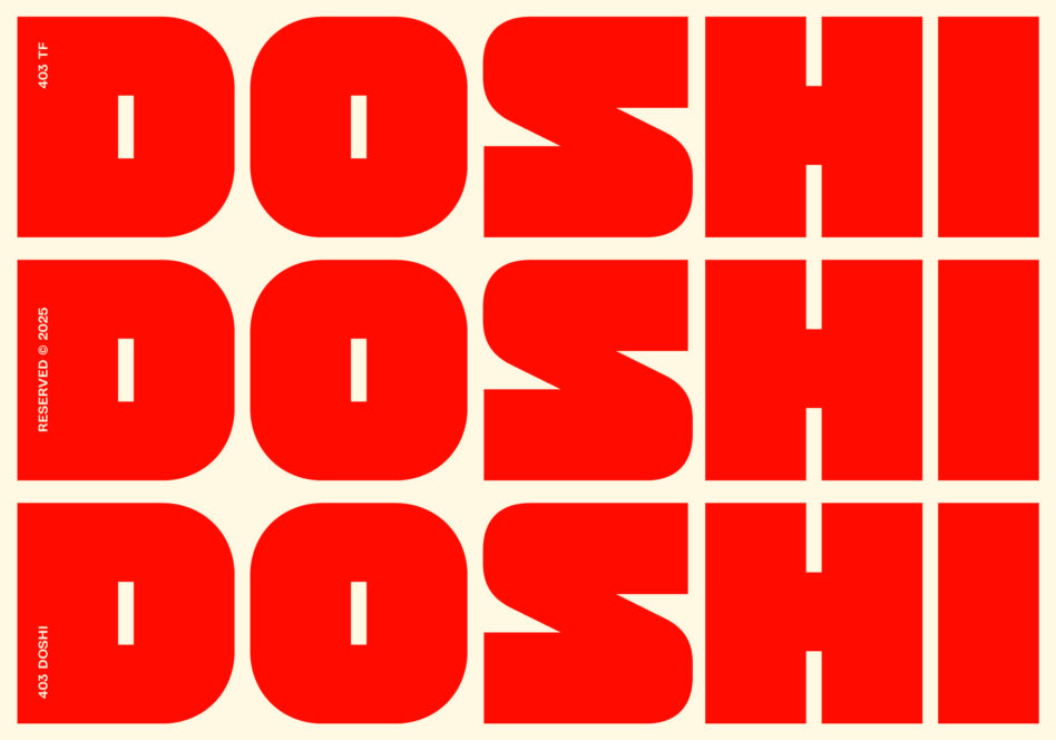 Red rounded sans serif font in grid layout repeating DOSHI text three times