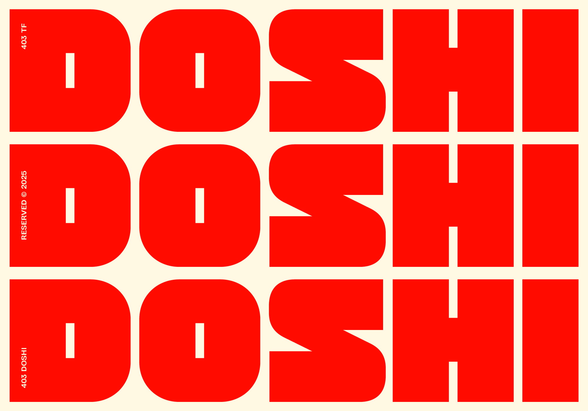 Red rounded sans serif font in grid layout repeating DOSHI text three times