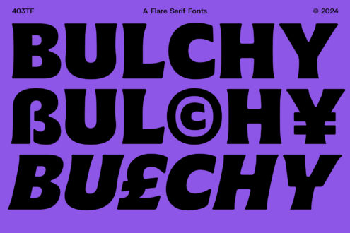 Bulchy serif font specimen repeated three times on purple background