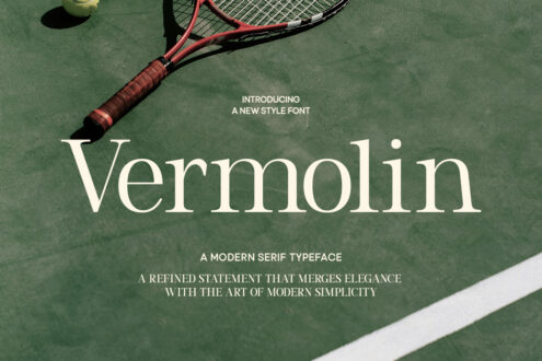 Tennis racket on court with Vermolin serif font display below text about style font