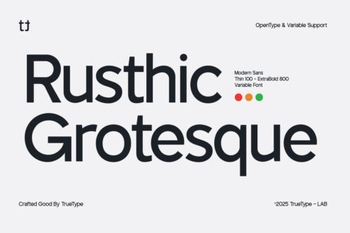 Rusthic Grotesque font display on light background, variable modern sans serif typeface