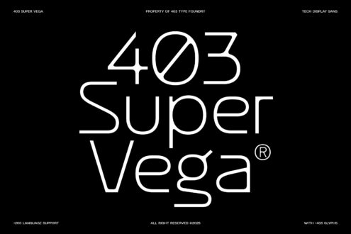 403 Super Vega font title with foundry details on dark background