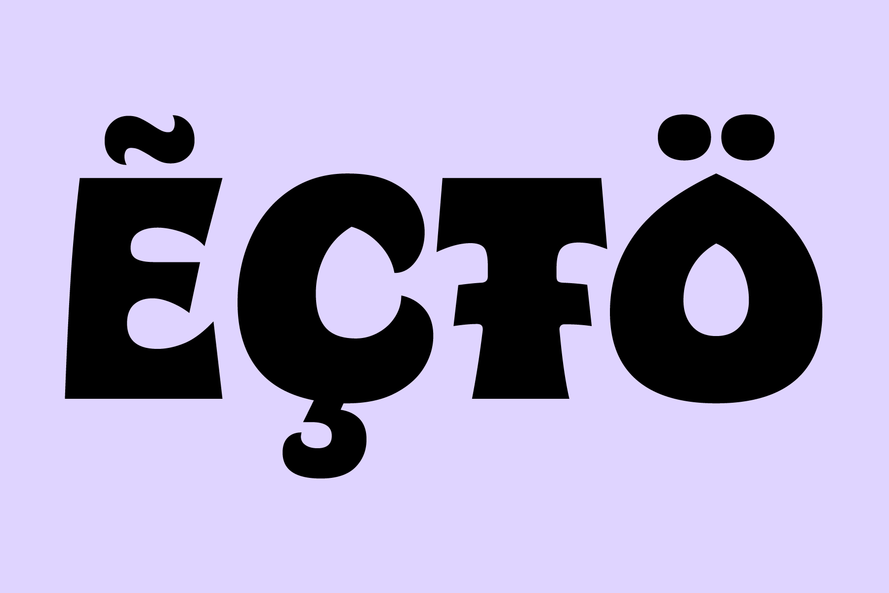 Bold black ecfo type on pale lavender background with decorative character shapes