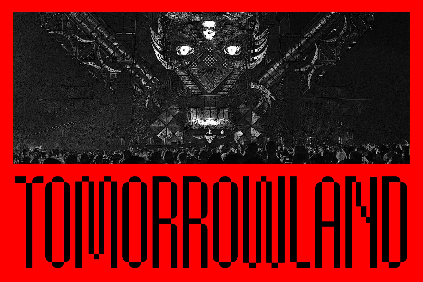 Wide banner with massive red striped text over dark crowd stage image