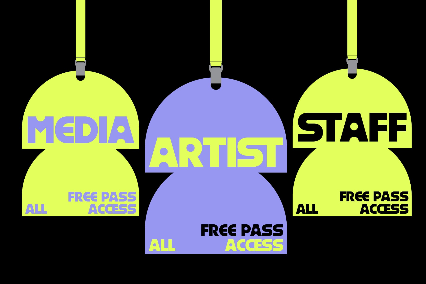 Three hanging festival passes in lime green, blue, labeled Media, Artist, Staff with free access