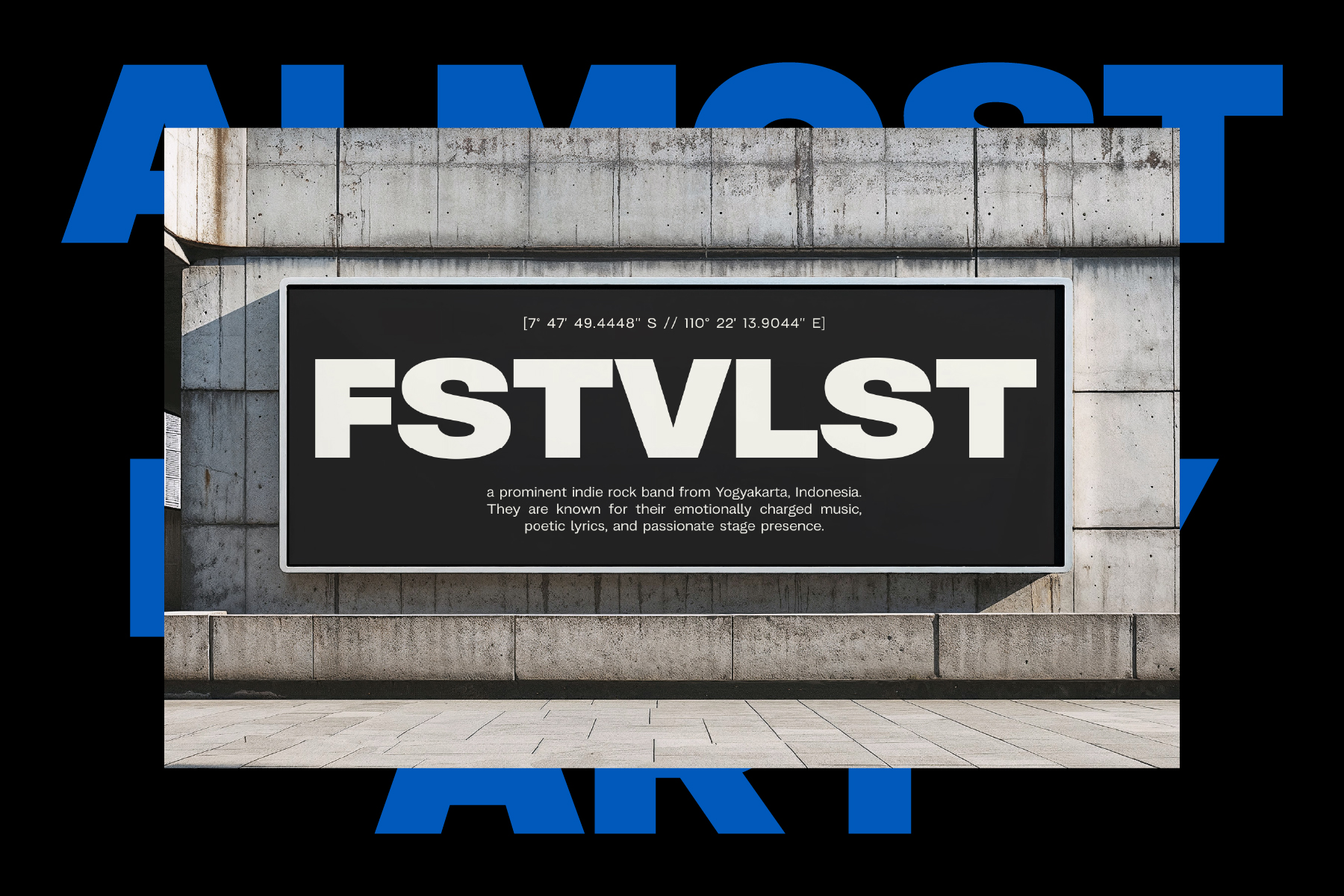 FSTVLST text on concrete wall with blue geometric shapes framing composition