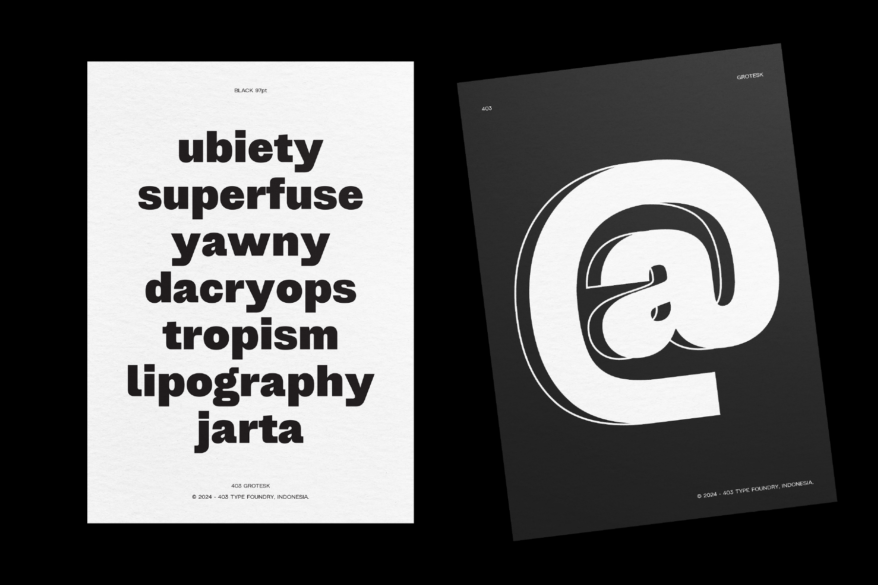 403 Grotesk font specimen showing sample text on white paper with matching dark card displaying decorative letter form