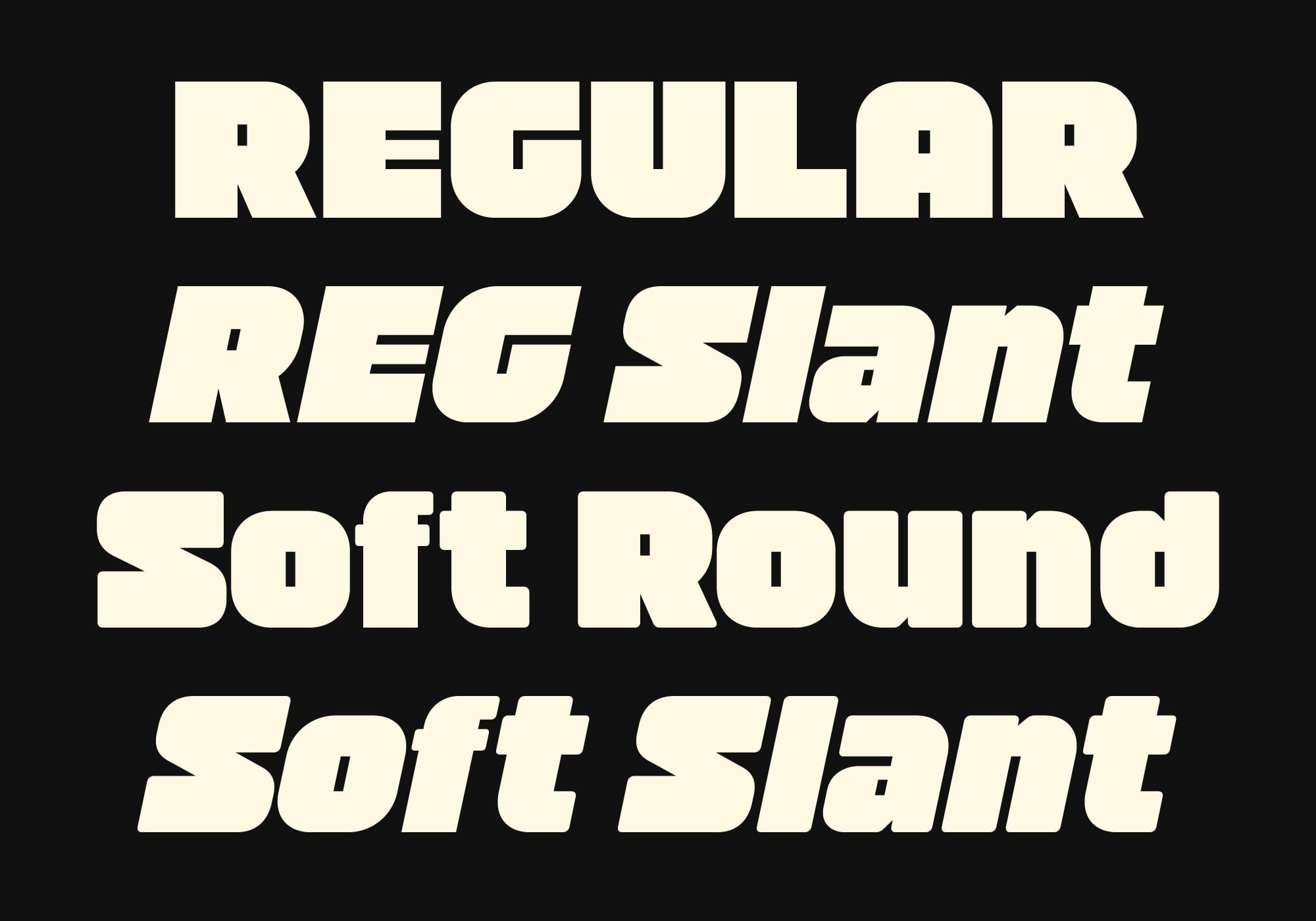 Cream colored sans serif font samples showing regular, slant, soft round styles