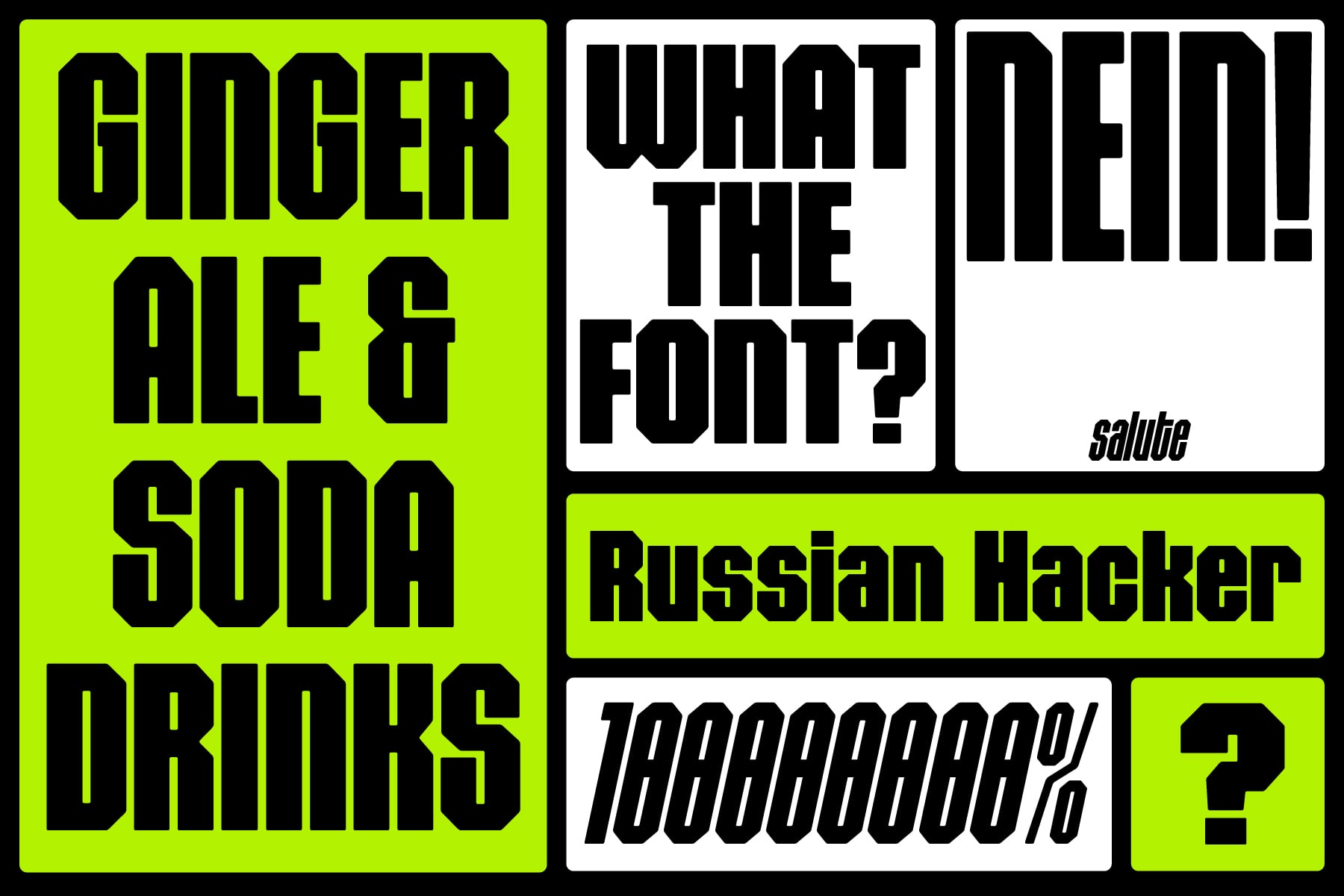 Bold display font showcase with ginger ale soda drinks text in neon yellow