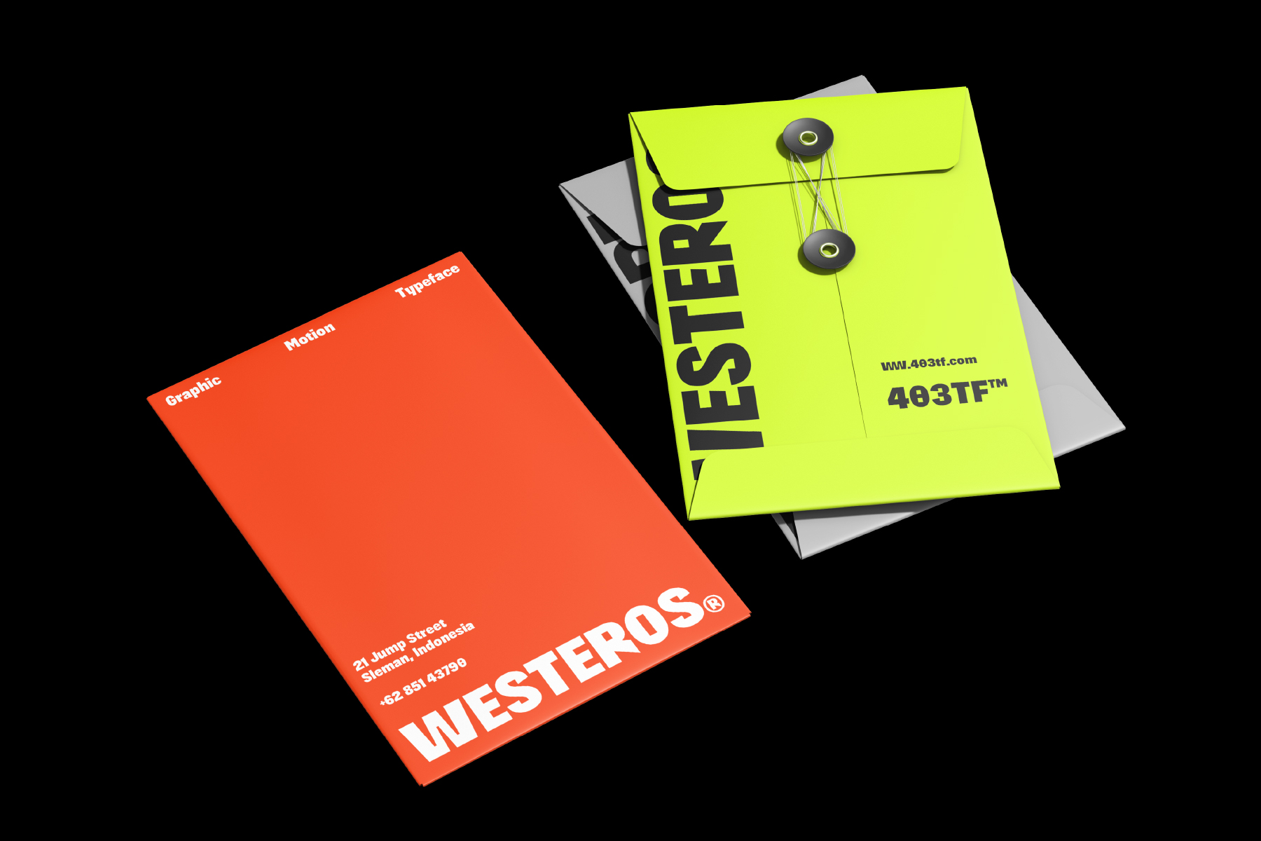 Stacked branding mockup with orange red folder below lime yellow envelope with brad fasteners