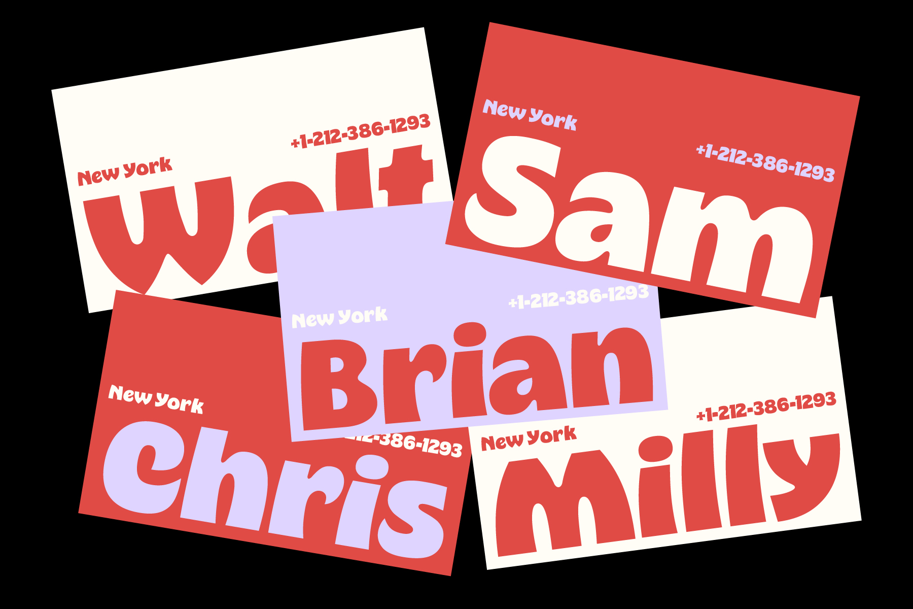 Five overlapping business cards with names walt sam brian chris milly in red, white, lavender with phone number