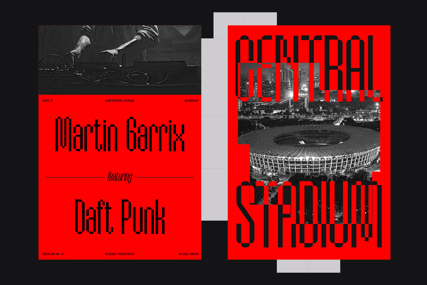Red event flyers featuring Martin Garrix performance info, stadium concert photo